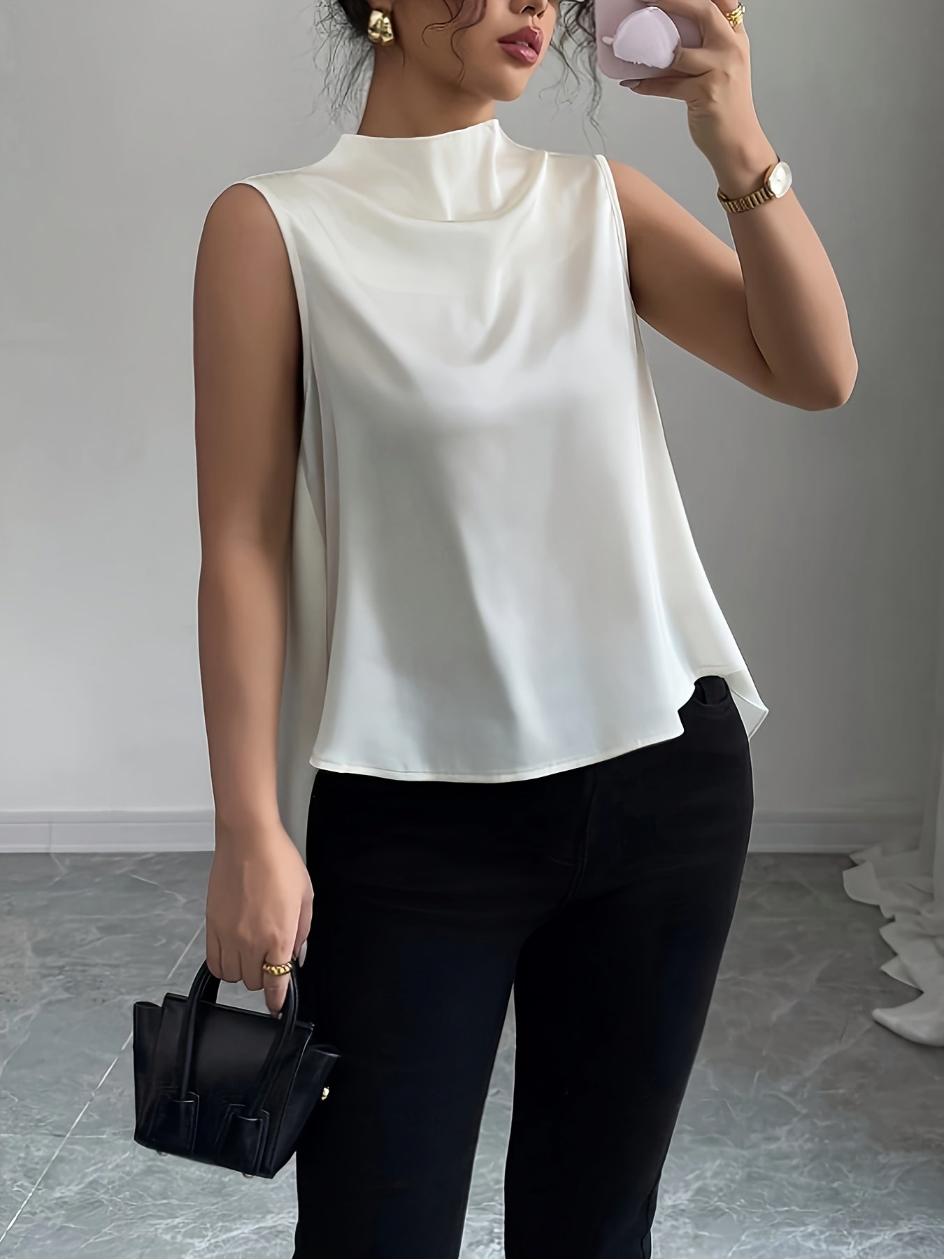 Women's Sleeveless Blouse with High Neck, Elegant Style for Office and Evening