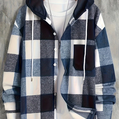 Veste à capuche homme à carreaux noir et blanc à boutonnage simple