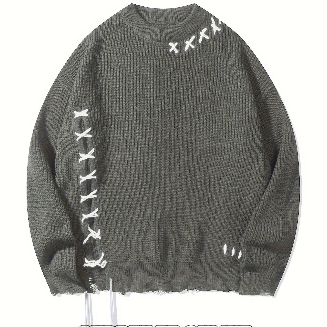 Pull en maille unisexe noir à col rond avec détails de lacets et ourlet effiloché