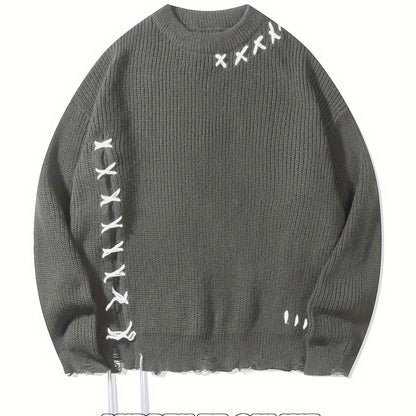 Pull en maille unisexe noir à col rond avec détails de lacets et ourlet effiloché