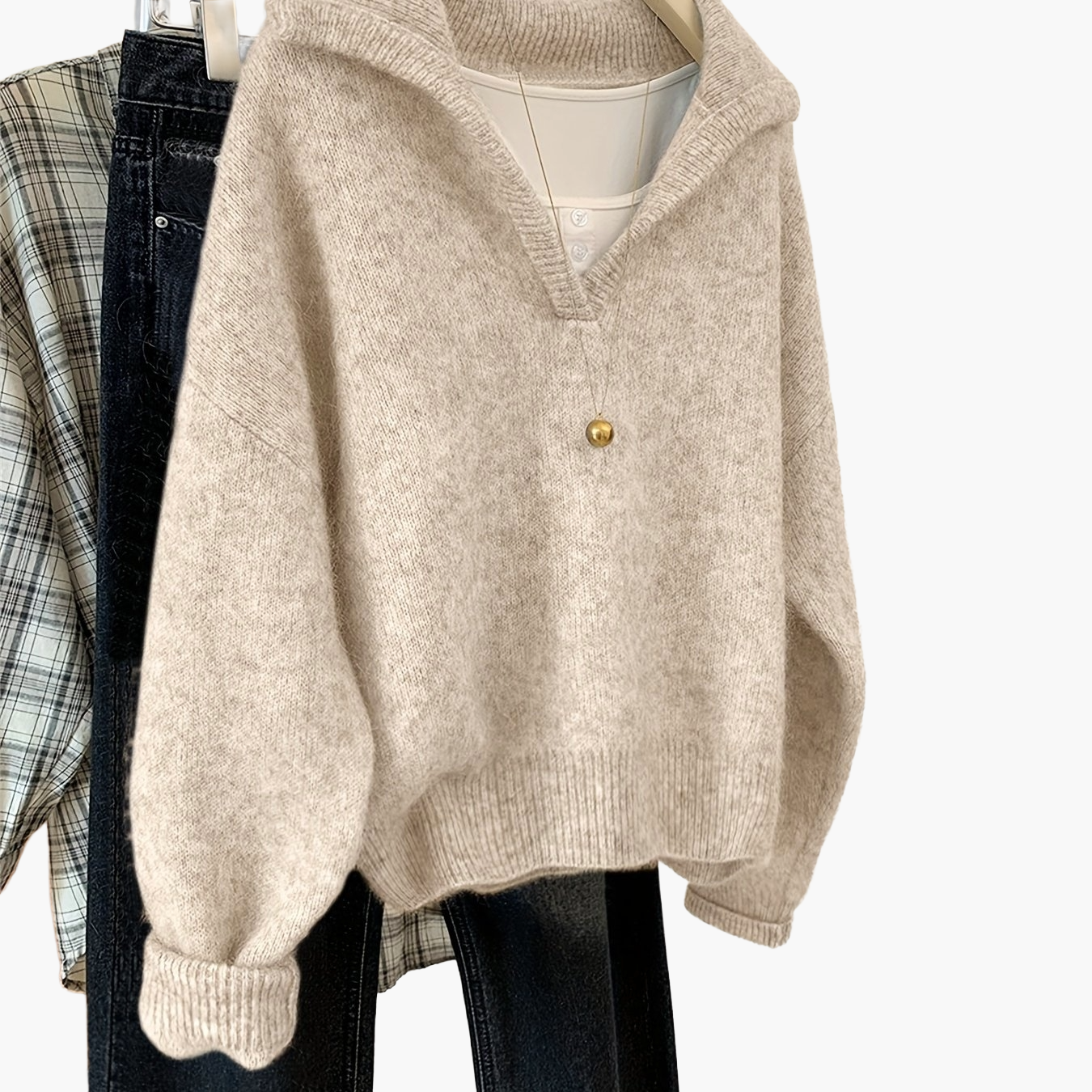 Vintage damepullover med V-hals i afslappet stil – ideel til efterår og vinter