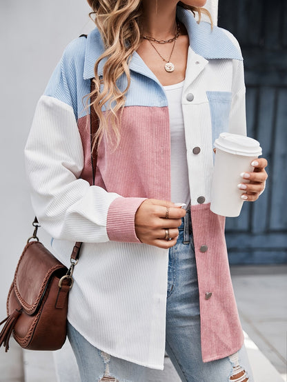 Veste Chemise Femme Blocs de Couleurs Velours Côtelé Boutons Col Chemise Manches Longues