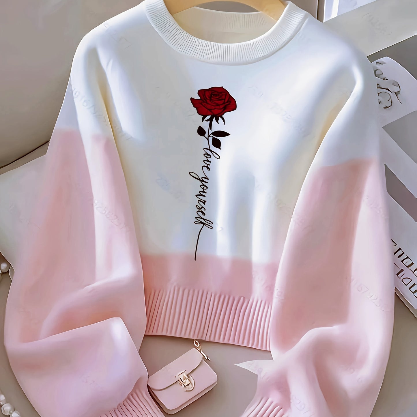 Sweat-shirt bicolore blanc rose imprimé rose rouge et texte col rond