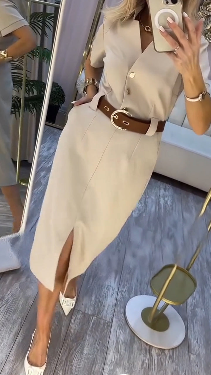Beige, belted midikjole for kvinner med V-hals og korte ermer