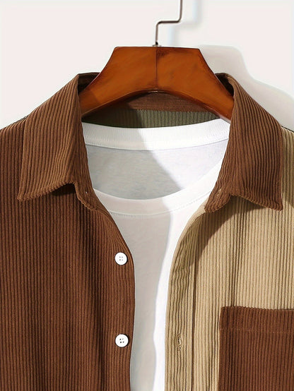 Chemise Homme Patchwork Côtelé Manches Longues Multicolore Beige Marron Kaki Blanc Cassé