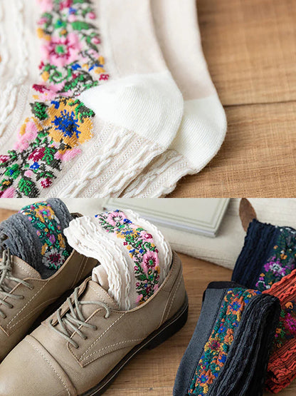 Chaussettes Femme Style Vintage à Motifs Floraux Brodés, Élégantes et Confortables pour le Quotidien
