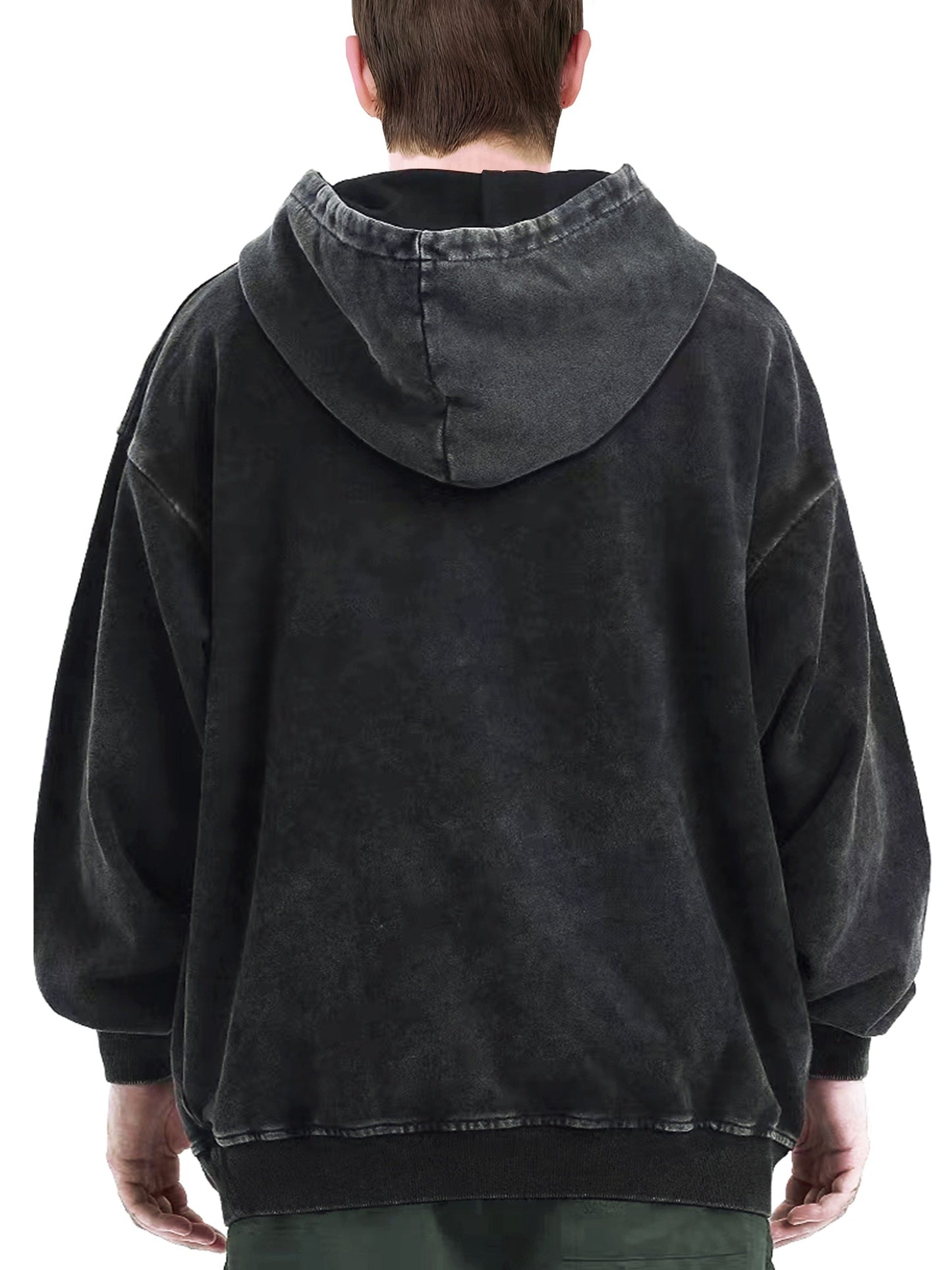 Sweat à Capuche Unisexe Gris Foncé Délavé avec Poche Kangourou