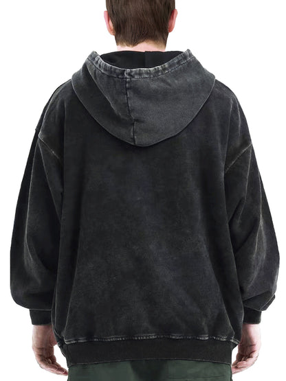 Sweat à Capuche Unisexe Gris Foncé Délavé avec Poche Kangourou