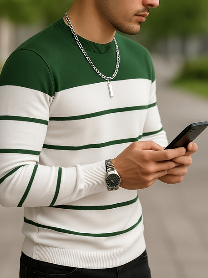 Pull Homme à Col Rond Rayé Vert Blanc Manches Longues Décontracté