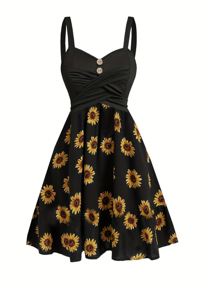 Abito vintage donna stile retrò con spalline, motivo girasole, ideale per l'estate e le occasioni informali