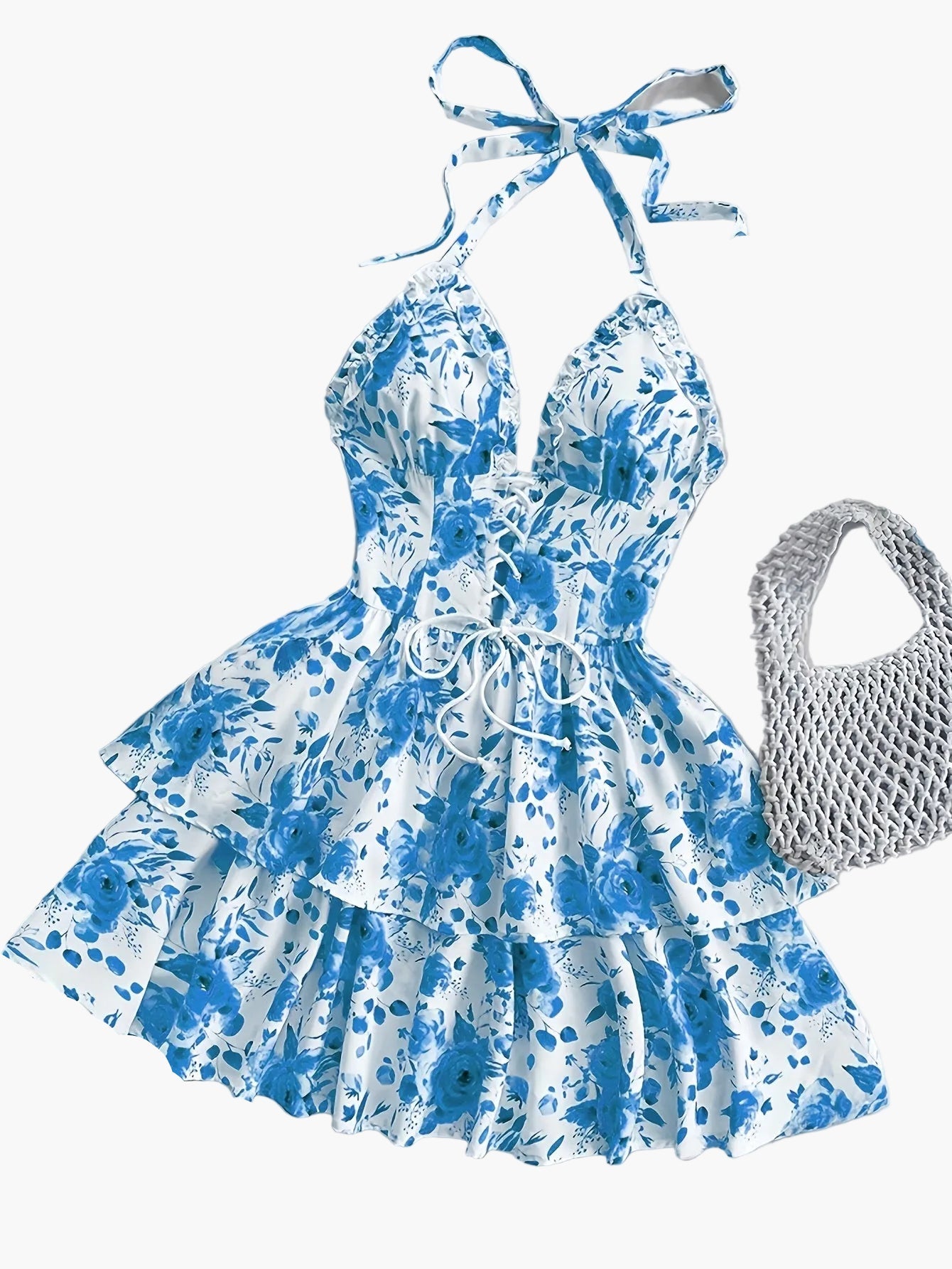 Sommerkjole til kvinder i boheme-stil med flæser, halterneck, blomsterprint, ideel til aftener og fester