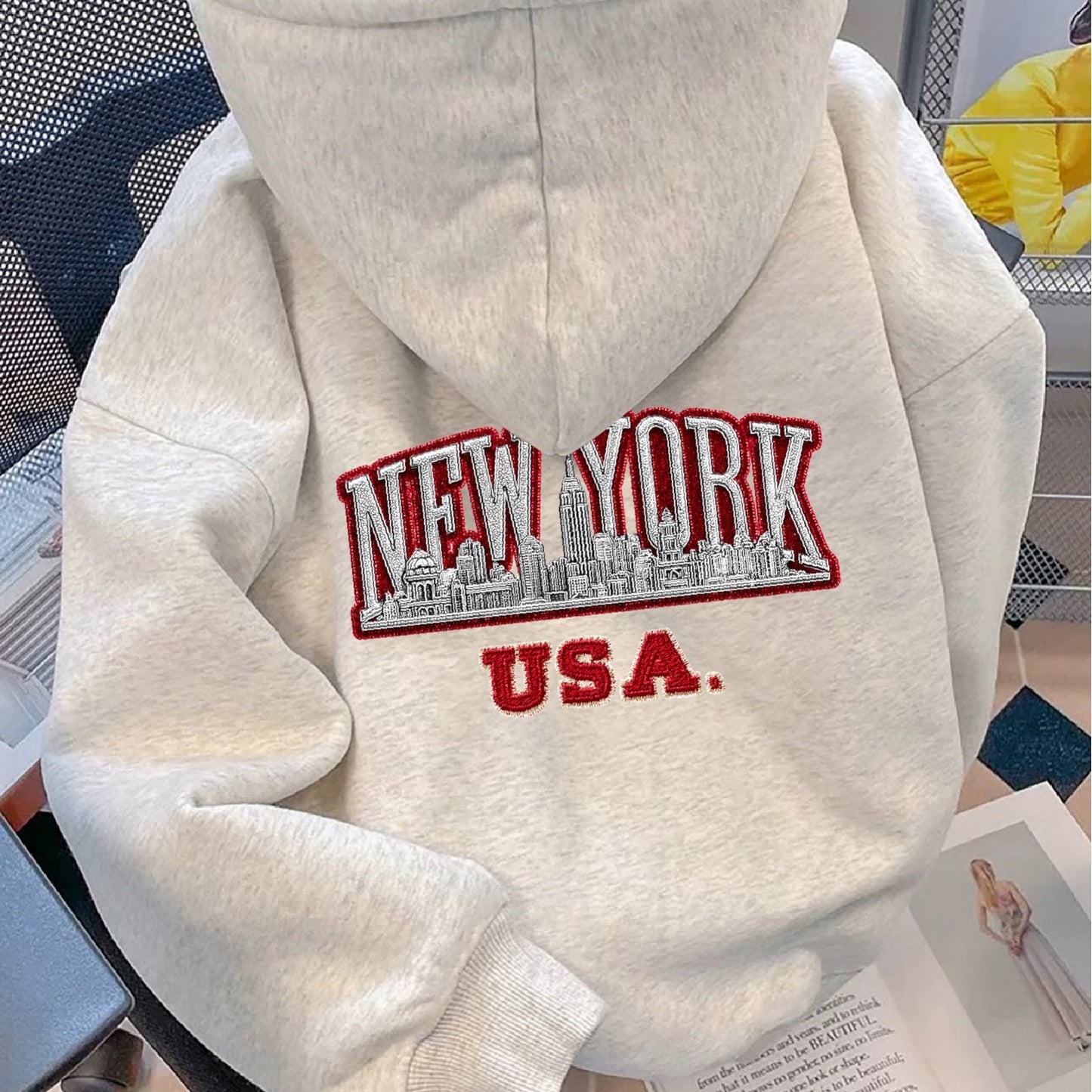 Sweat à Capuche Unisexe Gris Clair Imprimé New York USA