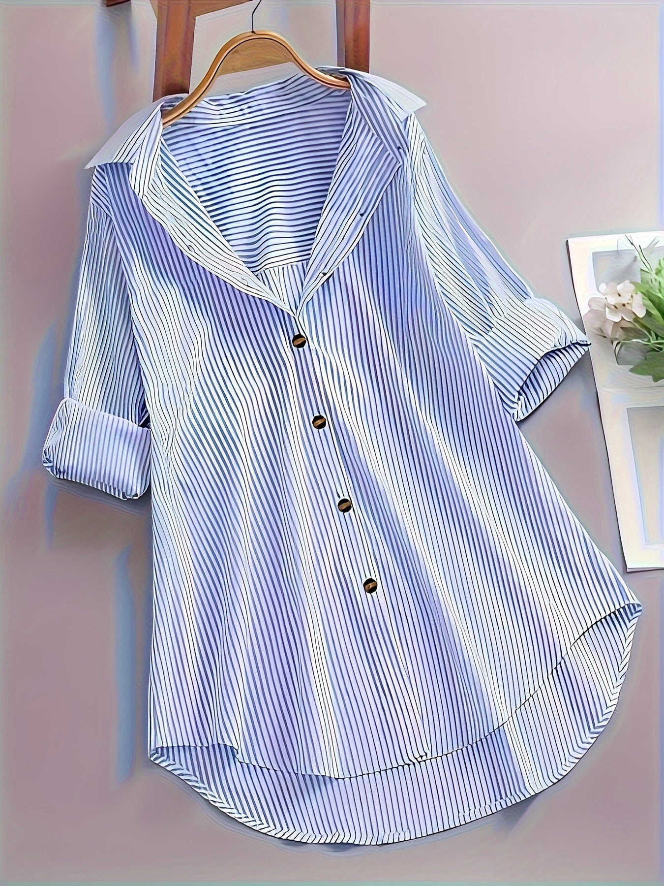 Camicia lunga a righe stile casual da donna, maniche lunghe, ideale per tutti i giorni