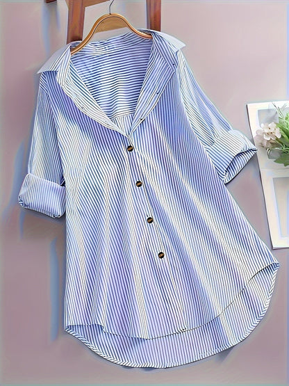 Camicia lunga a righe stile casual da donna, maniche lunghe, ideale per tutti i giorni