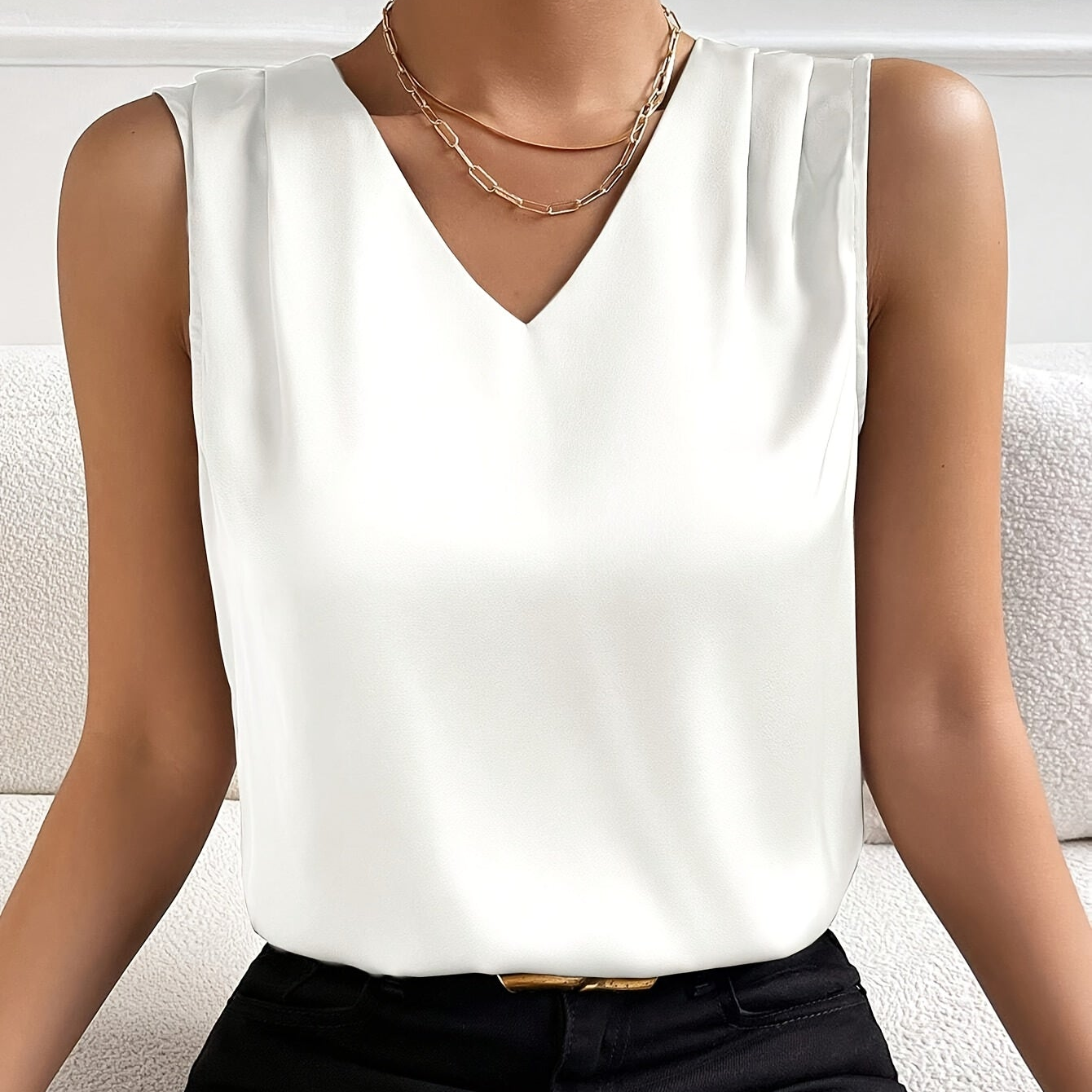 Top elegante senza maniche con scollo a V per donna – Top chic per uso quotidiano o ufficio