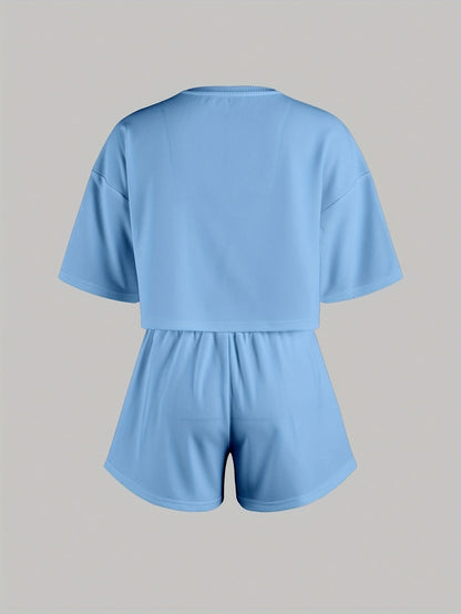 Pyjama d'intérieur décontracté pour femme avec imprimé cœurs bleus – Ensemble short et t-shirt, style cosy pour la maison