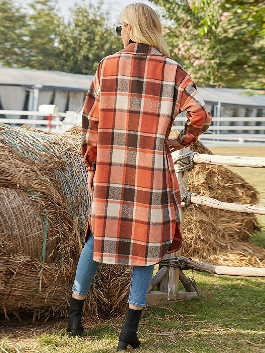 Women's Long Plaid Shirt-Style Coat with Chest Pockets and Relaxed Fit