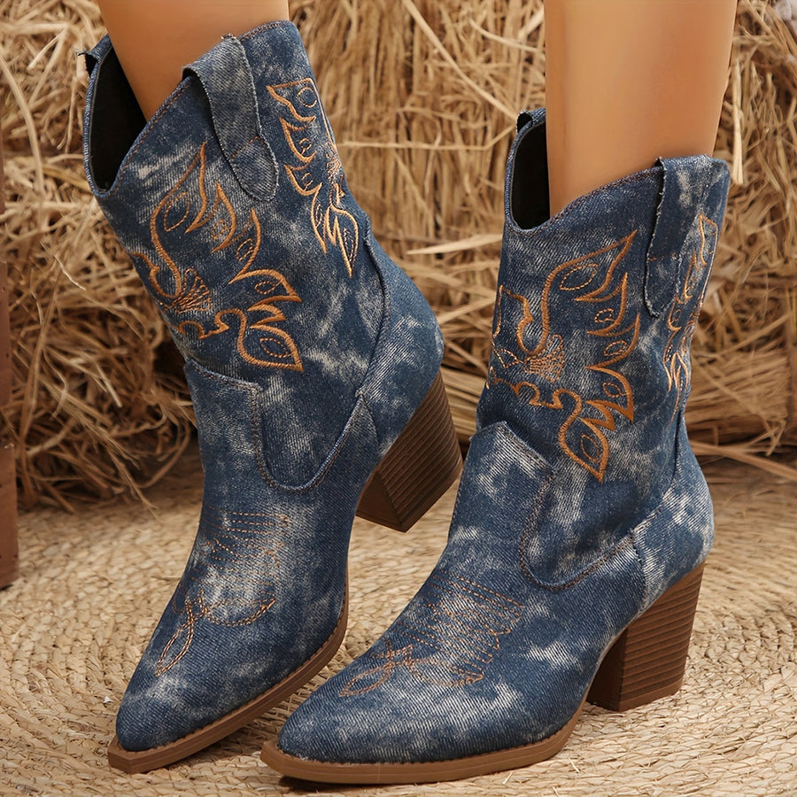 Graue Damen-Westernstiefel im Denim-Stil mit spitzer Zehenpartie, Blockabsatz und Stickereien