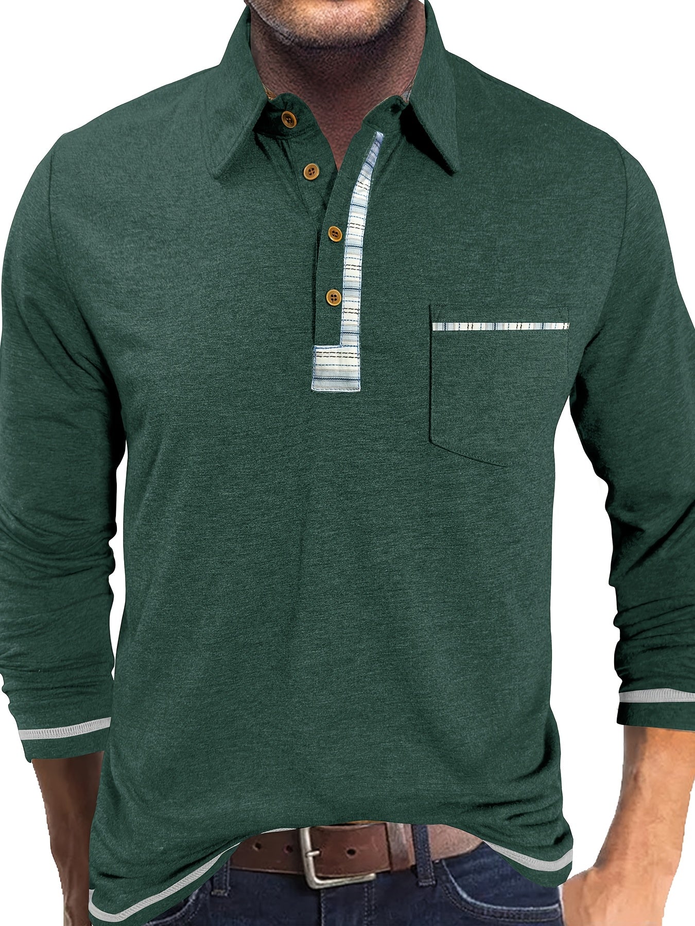 Polo Homme Manches Longues Détails Ethniques Boutons Beige