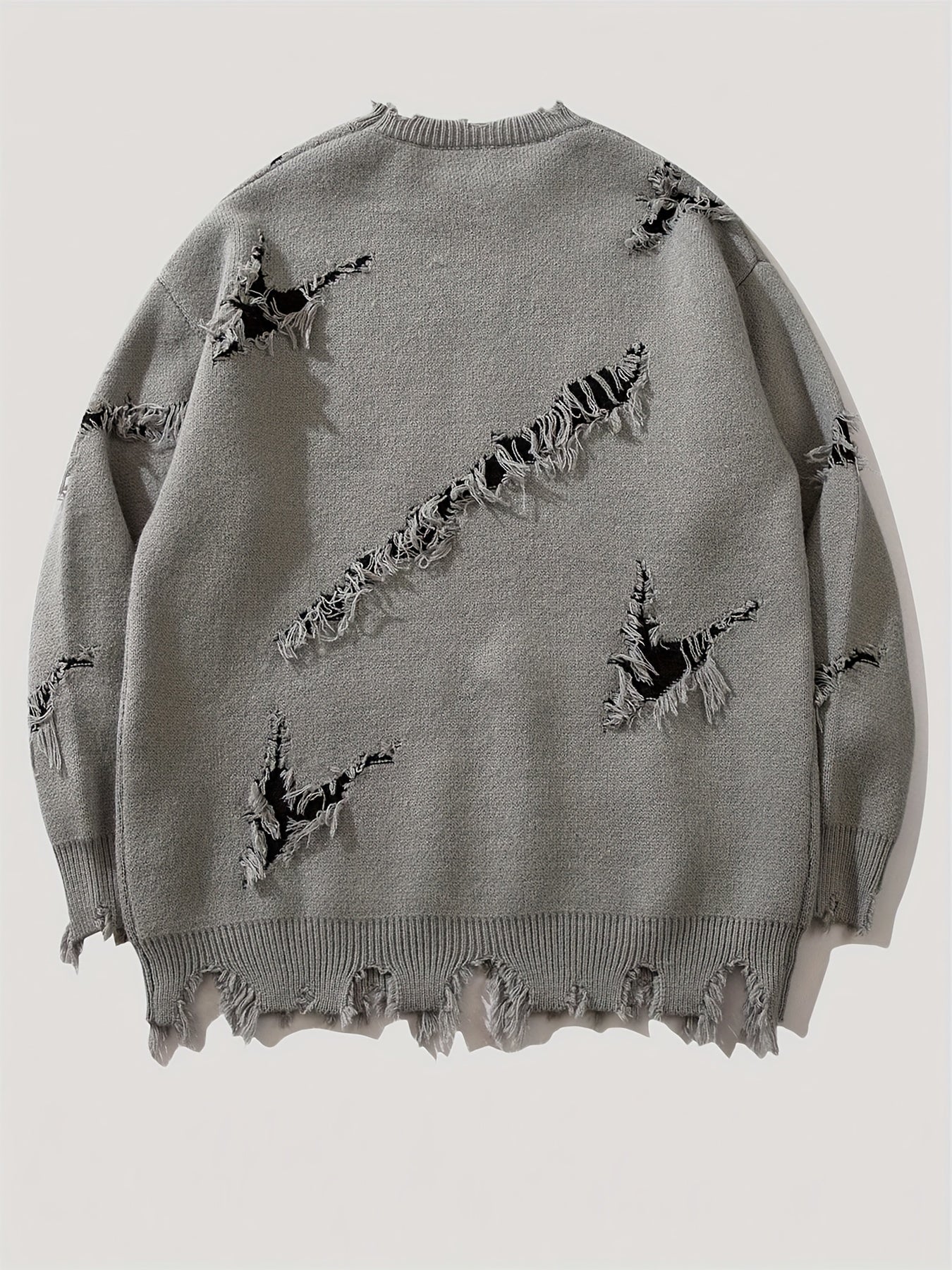 Pull homme décontracté beige à col rond avec motif visage coloré et détails déchirés