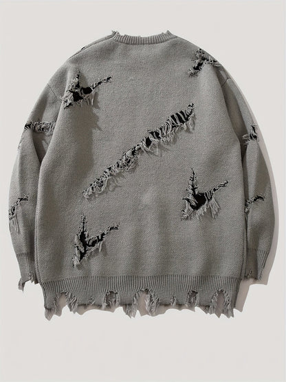 Pull homme décontracté beige à col rond avec motif visage coloré et détails déchirés