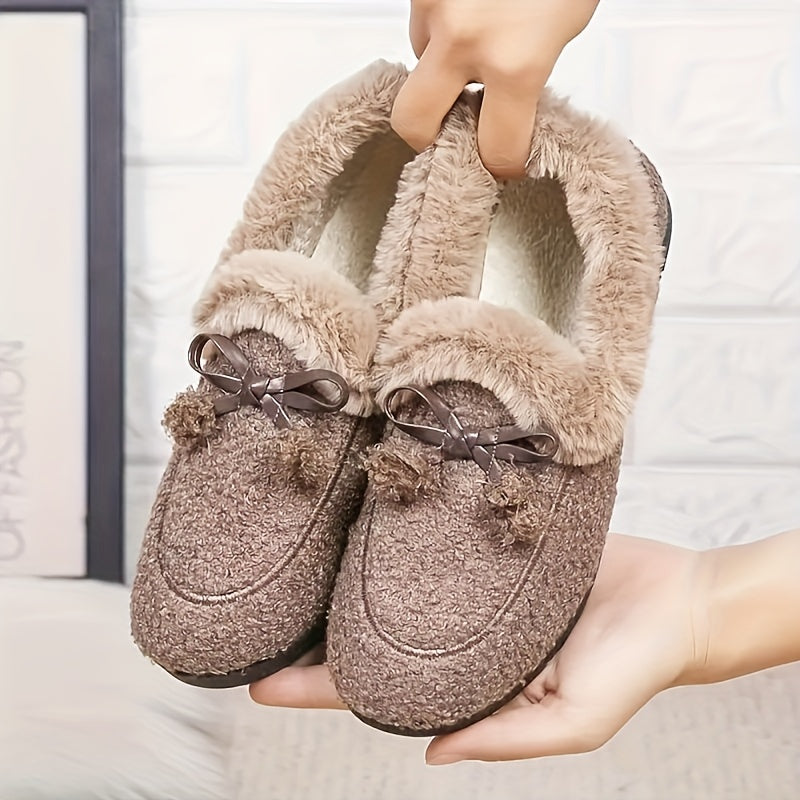 Mocassins Femme Doux et Chauds Noirs avec Nœuds Décoratifs