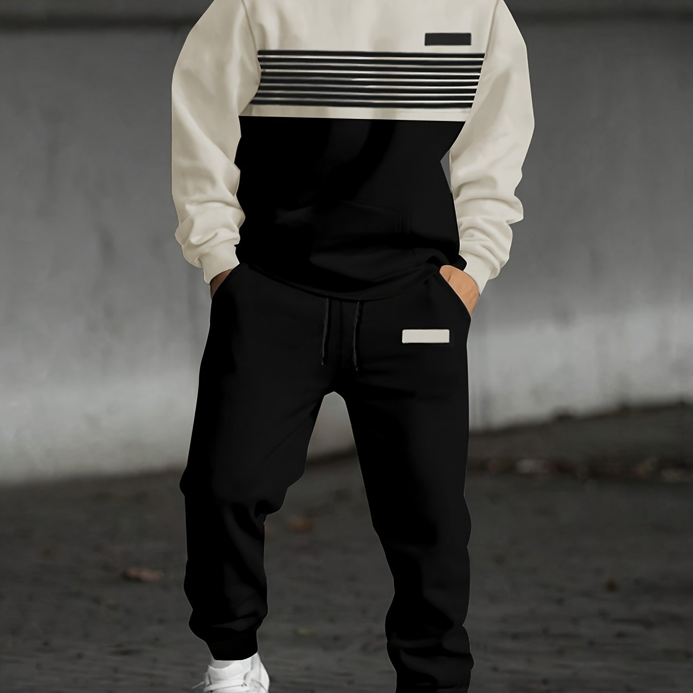 Ensemble Survêtement Homme Bicolore à Capuche et Bandes Horizontales Gris et Noir
