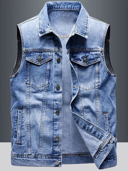 Gilet en Jean sans Manches pour Homme, Boutons Métalliques, Poches Poitrine et Latérales