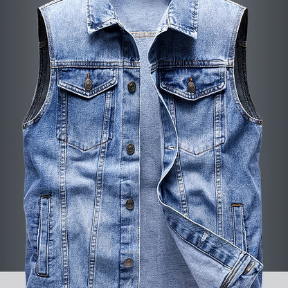 Gilet en Jean sans Manches pour Homme, Boutons Métalliques, Poches Poitrine et Latérales