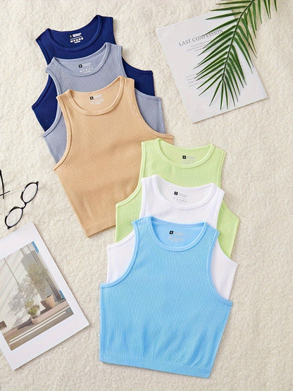 Débardeur sport femme à col rond, style côtelé, lot de 6 – Idéal pour le quotidien et les activités sportives