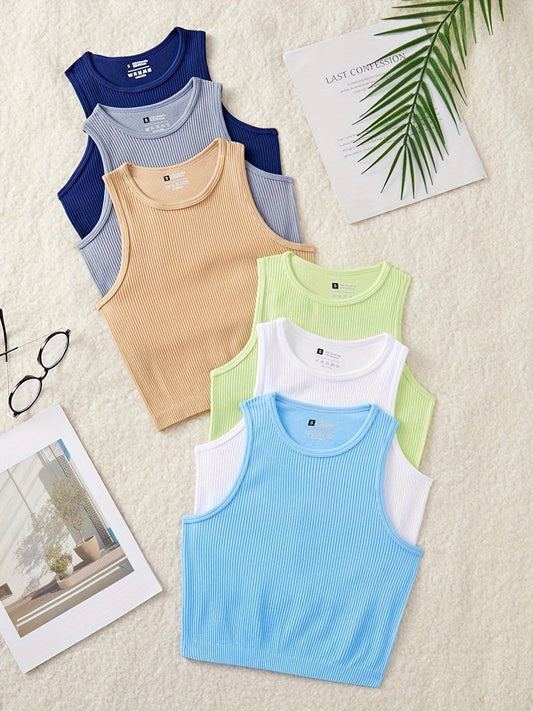 Débardeur sport femme à col rond, style côtelé, lot de 6 – Idéal pour le quotidien et les activités sportives
