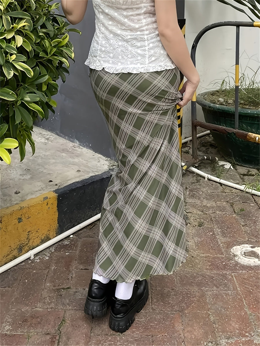 Jupe longue à carreaux géométriques style élégant pour femme