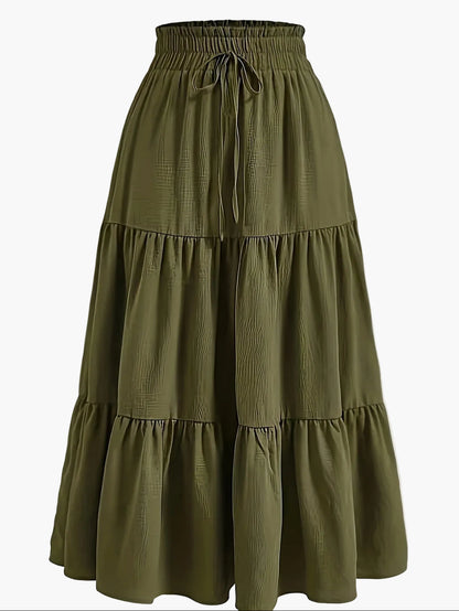Gonna lunga donna elegante a vita alta con volant, stile primavera estate, ideale per tempo libero e uscite