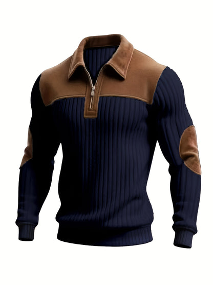 Pull homme côtelé col polo zippé empiècements contrastants coudes et épaules