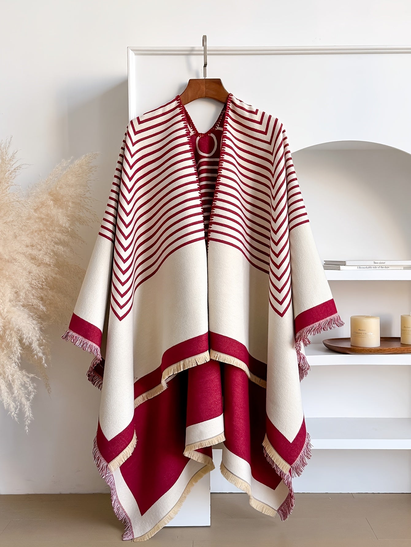 Women's Striped Fringe Trim Open Front Wrap Poncho Cape