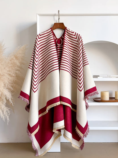 Women's Striped Fringe Trim Open Front Wrap Poncho Cape