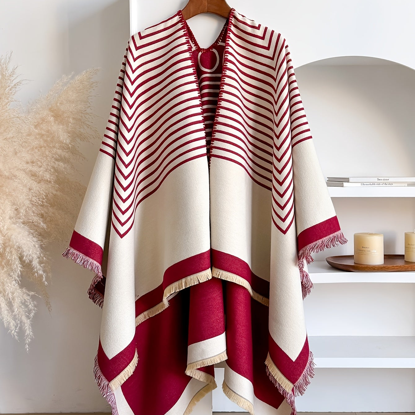 Women's Striped Fringe Trim Open Front Wrap Poncho Cape