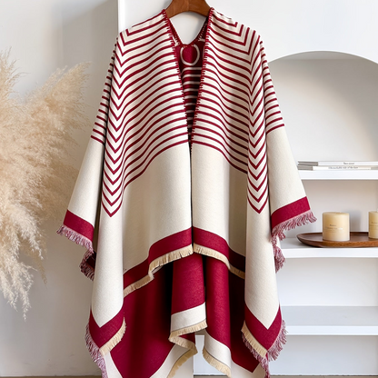 Women's Striped Fringe Trim Open Front Wrap Poncho Cape