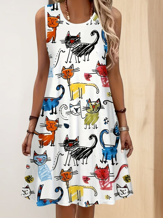 Vestido casual para mujer con estampado de gatos estilo artístico para verano y primavera