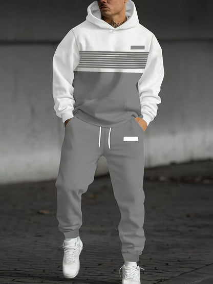 Ensemble Survêtement Homme Bicolore à Capuche et Bandes Horizontales Gris et Noir