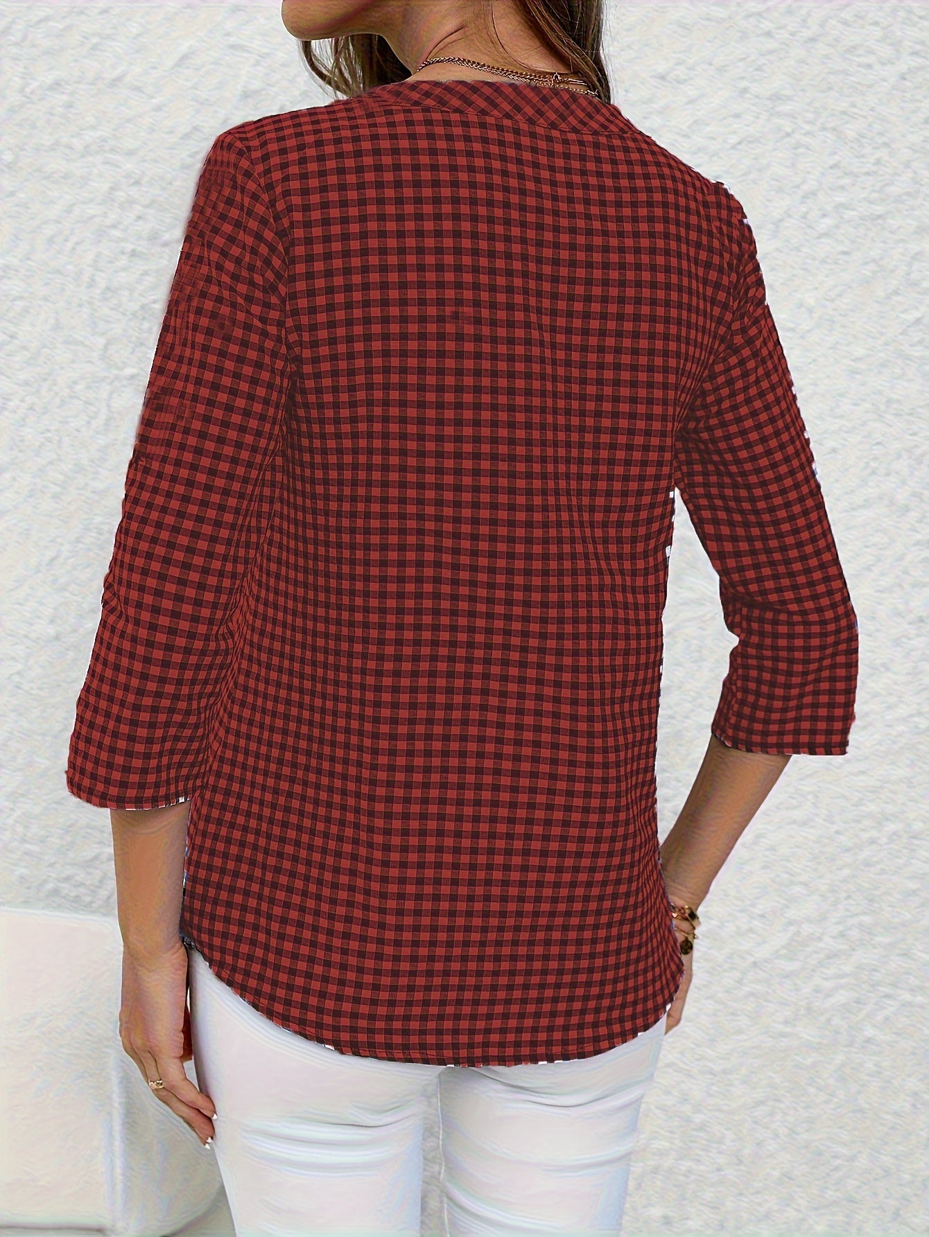 Lässige Damenbluse mit Karomuster, schicker Alltagsstil, hochgekrempelte Ärmel, V-Ausschnitt  