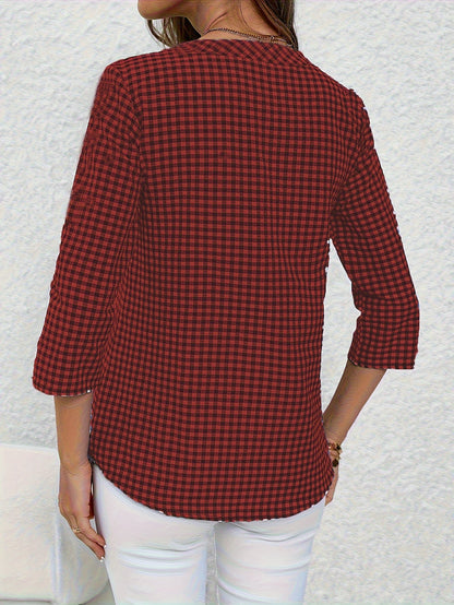 Lässige Damenbluse mit Karomuster, schicker Alltagsstil, hochgekrempelte Ärmel, V-Ausschnitt  