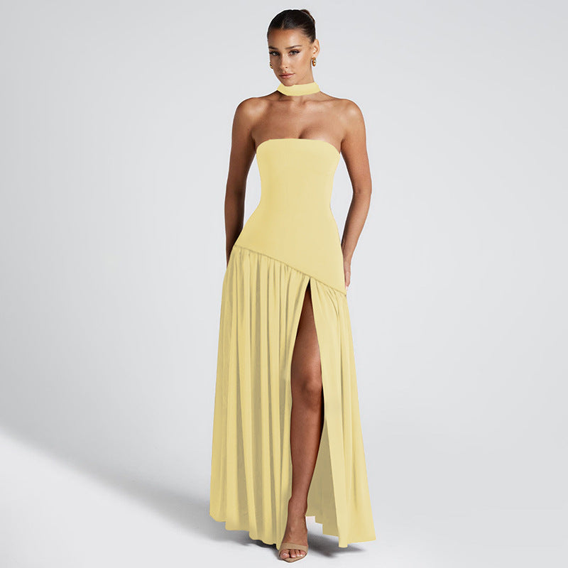 Robe de soirée élégante femme style bustier fluide fendue, idéale événements et cocktails