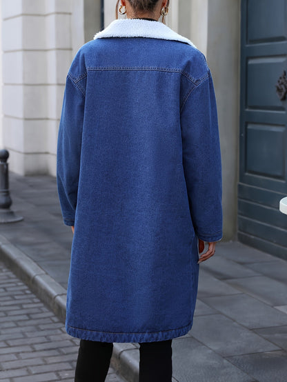 Manteau long en jean bleu délavé doublé doux pour femme