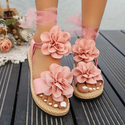 Damesandaler med dekorative blomster i boheme-stil til sommerlige lejligheder