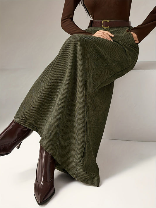 Jupe longue côtelée femme vert olive taille haute décontractée avec poches
