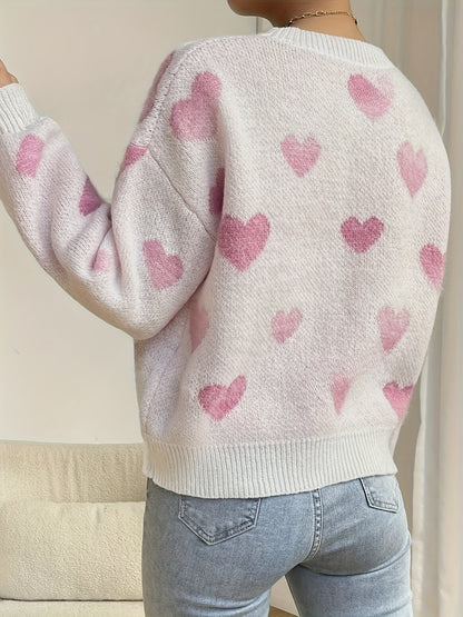 Pull col rond ample en maille blanc avec cœurs beiges
