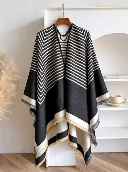 Women's Striped Fringe Trim Open Front Wrap Poncho Cape
