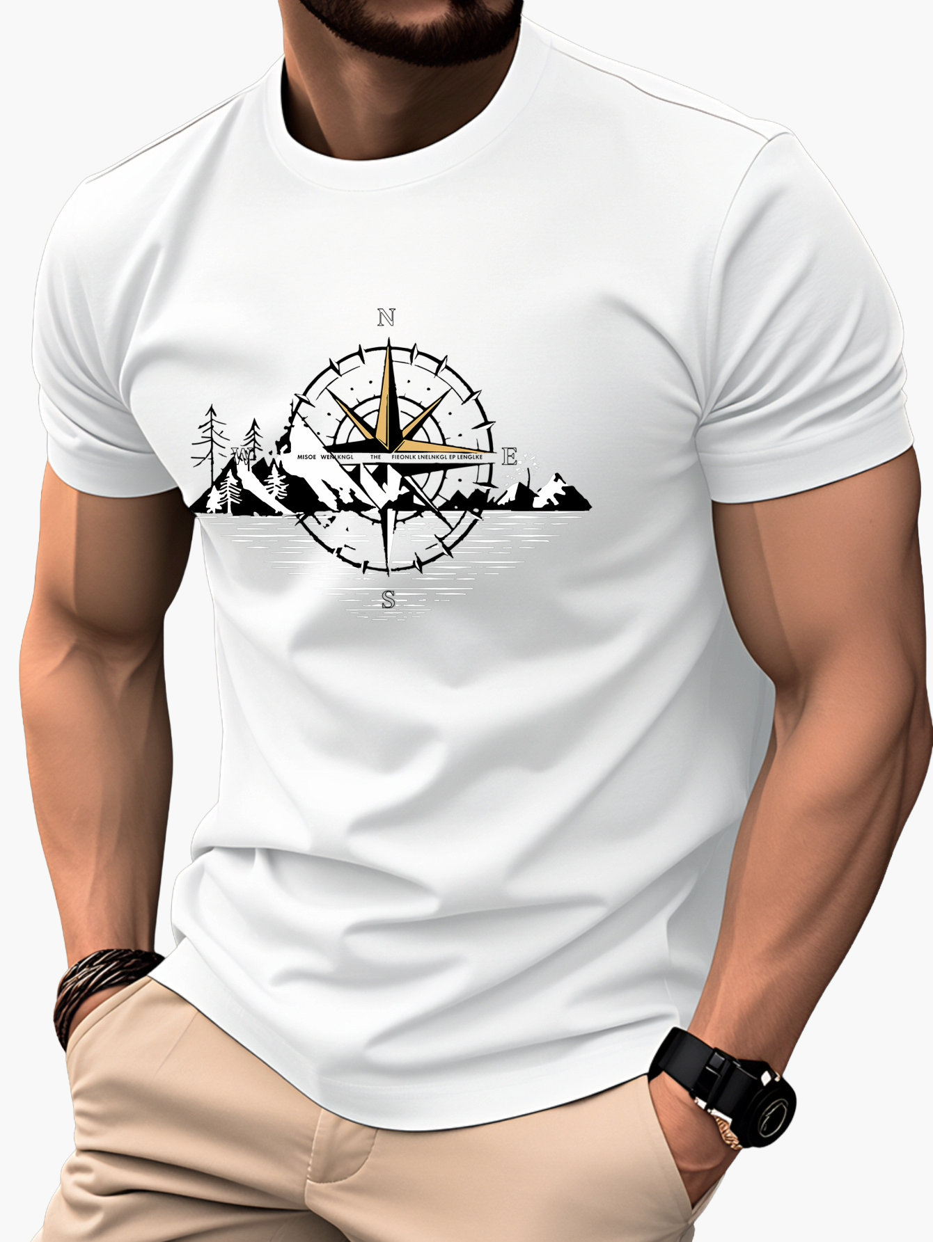 T-shirt Homme Style Aventure Montagne Boussole Graphique – Casual et Voyage