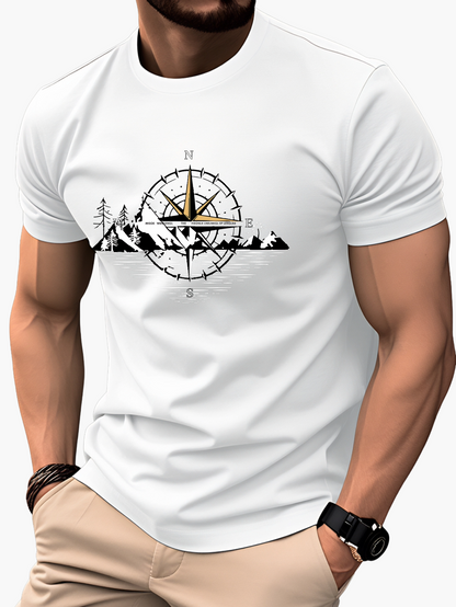T-shirt Homme Style Aventure Montagne Boussole Graphique – Casual et Voyage